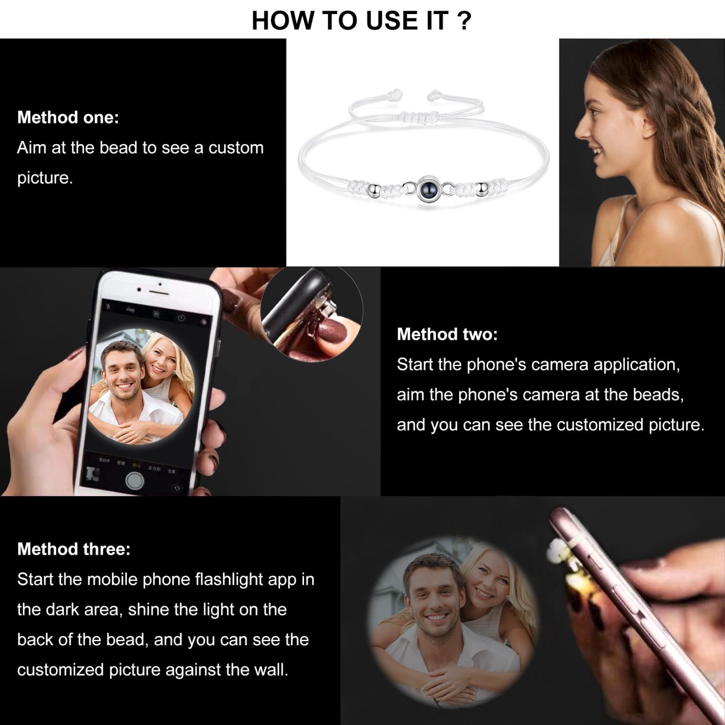 Personalisiertes Foto Projektion Armband – Schwarz/Weißes Band mit Silberperlen