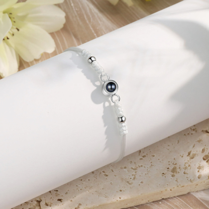 Personalisiertes Foto Projektion Armband – Schwarz/Weißes Band mit Silberperlen