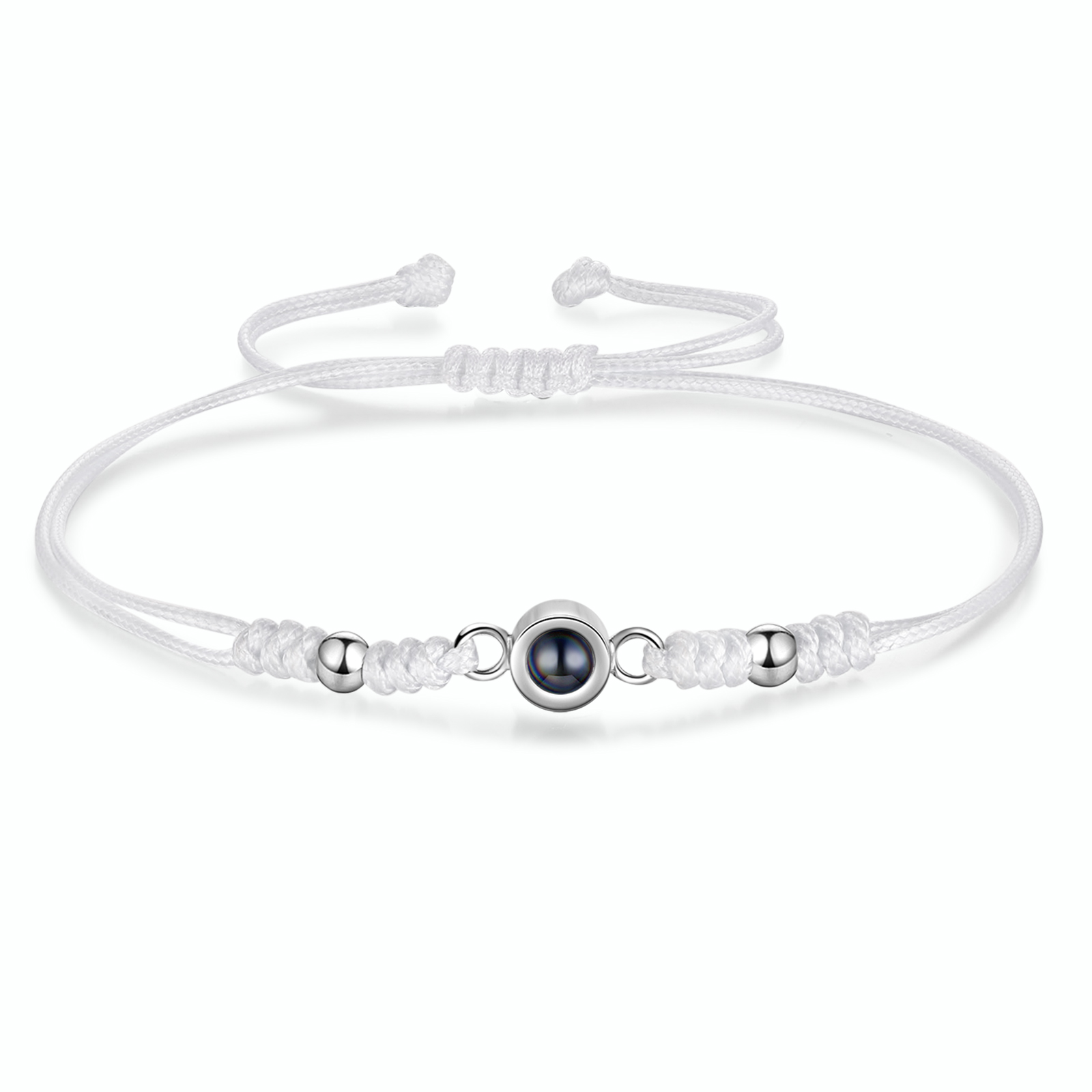 Personalisiertes Foto Projektion Armband – Schwarz/Weißes Band mit Silberperlen