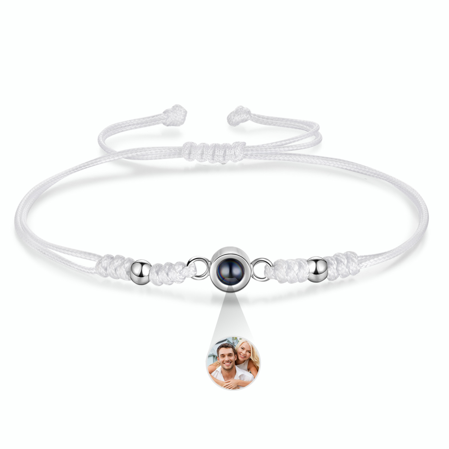 Personalisiertes Foto Projektion Armband – Schwarz/Weißes Band mit Silberperlen