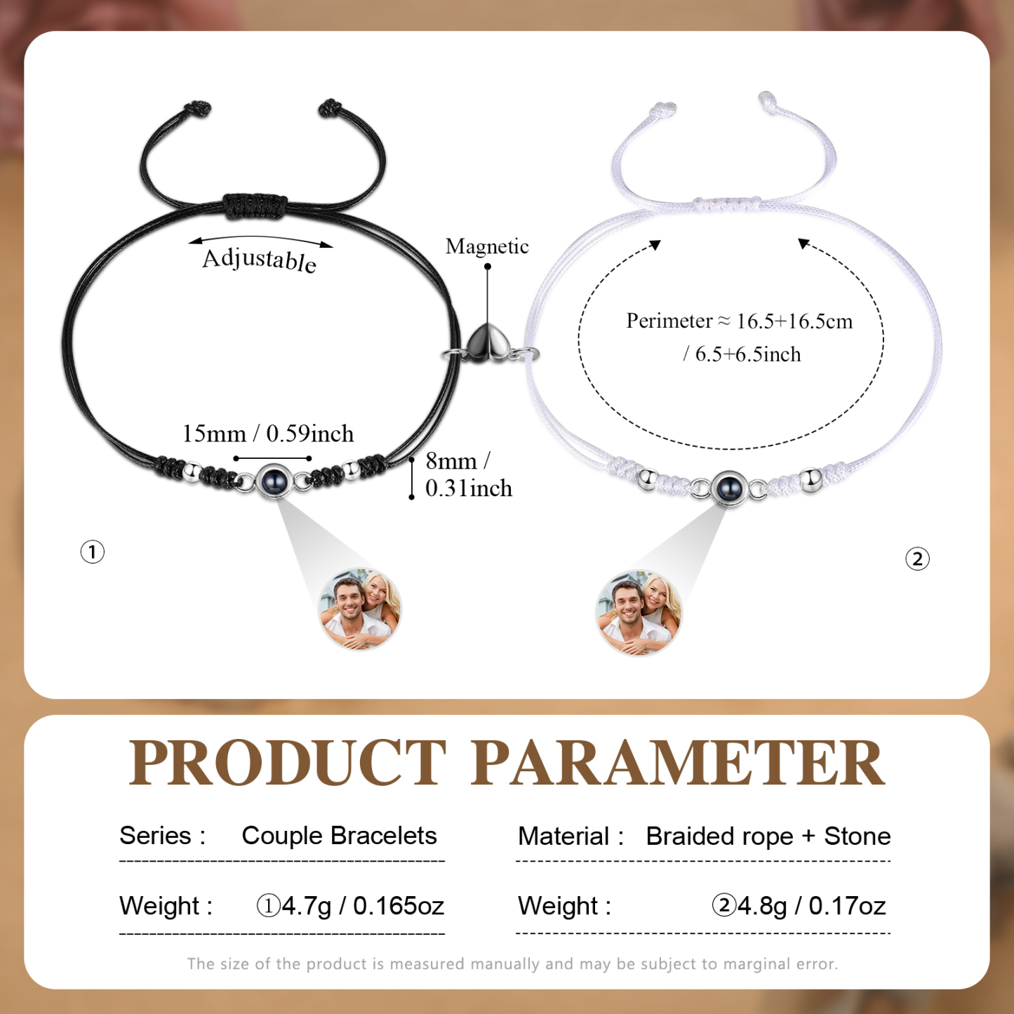 Personalisierte 2 Fotos Projektion Herz/Hand-in-Hand Magnetische Armband – Schwarz/Weißes Band & Silberperlen Armbände für Paar