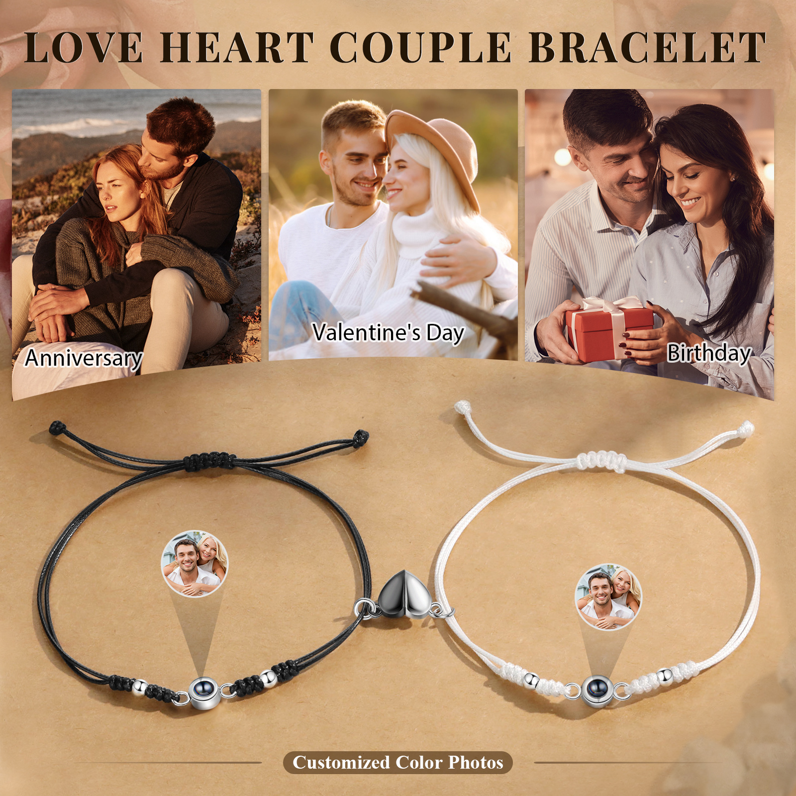 Personalisierte 2 Fotos Projektion Herz/Hand-in-Hand Magnetische Armband – Schwarz/Weißes Band & Silberperlen Armbände für Paar