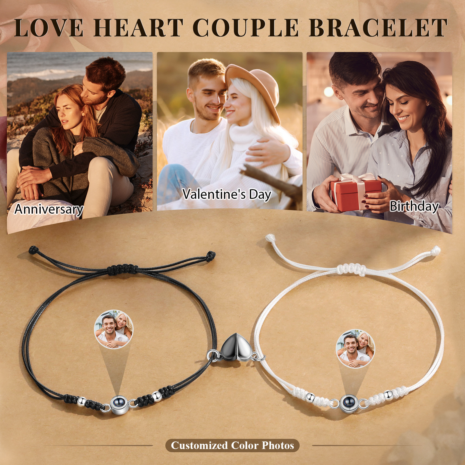 Personalisierte 2 Fotos Projektion Herz/Hand-in-Hand Magnetische Armband – Schwarz/Weißes Band & Silberperlen Armbände für Paar