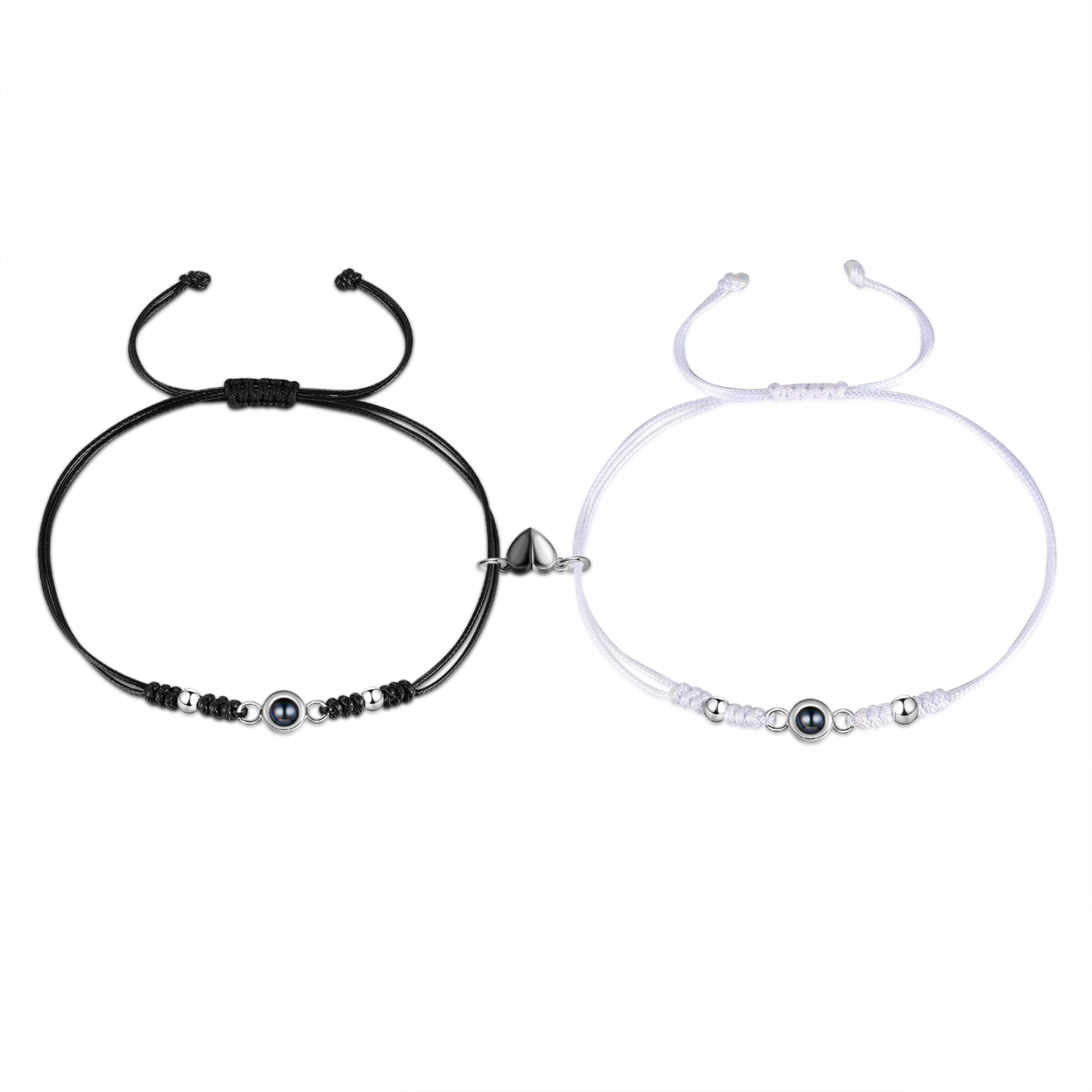 Personalisierte 2 Fotos Projektion Herz/Hand-in-Hand Magnetische Armband – Schwarz/Weißes Band & Silberperlen Armbände für Paar
