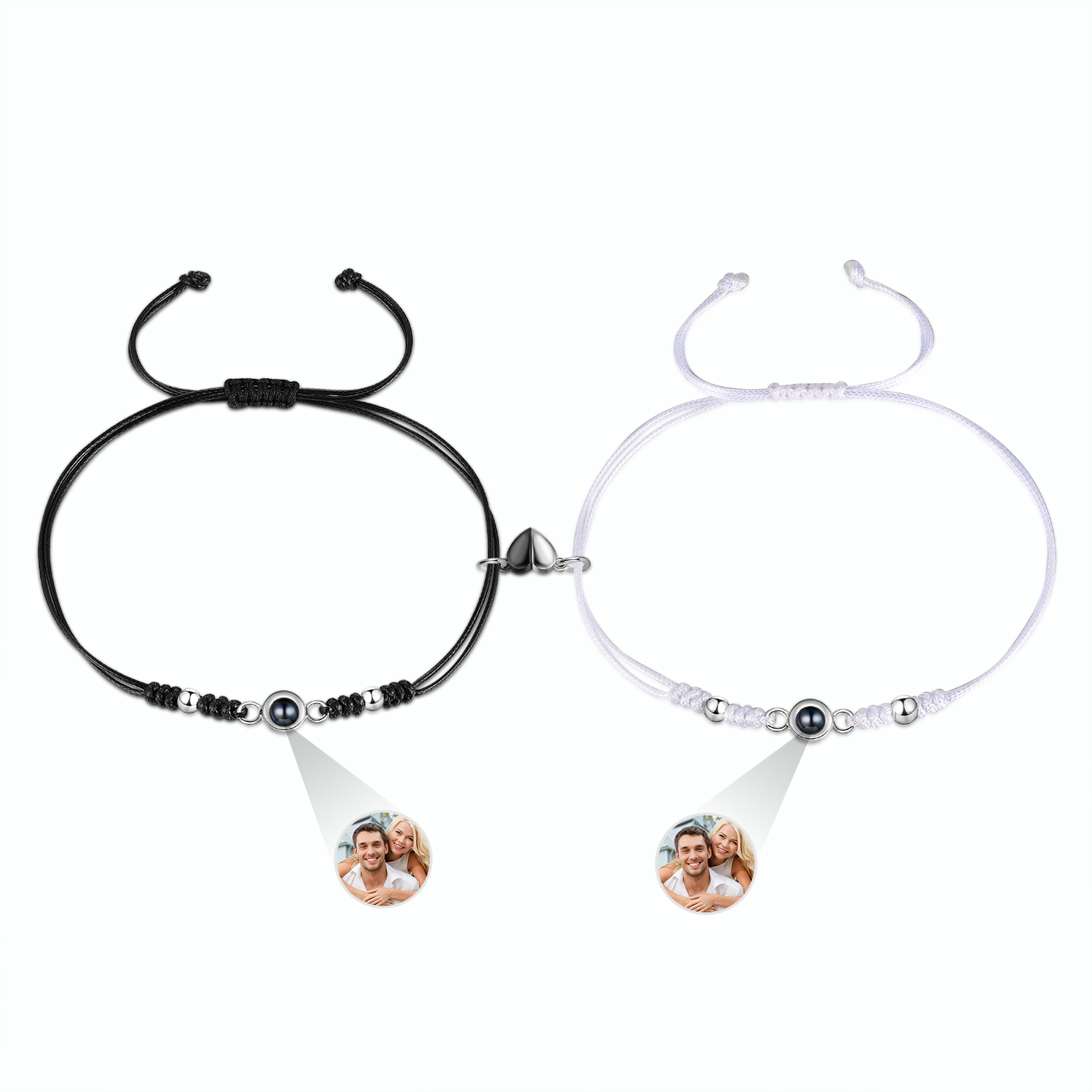 Personalisierte 2 Fotos Projektion Herz/Hand-in-Hand Magnetische Armband – Schwarz/Weißes Band & Silberperlen Armbände für Paar