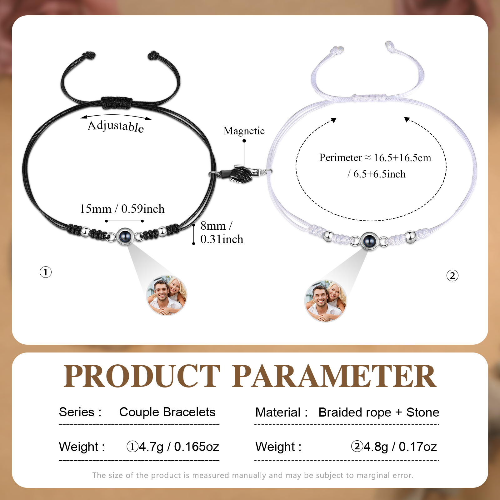 Personalisierte 2 Fotos Projektion Herz/Hand-in-Hand Magnetische Armband – Schwarz/Weißes Band & Silberperlen Armbände für Paar