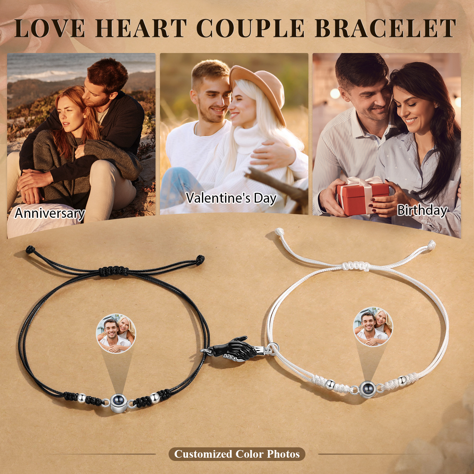 Personalisierte 2 Fotos Projektion Herz/Hand-in-Hand Magnetische Armband – Schwarz/Weißes Band & Silberperlen Armbände für Paar