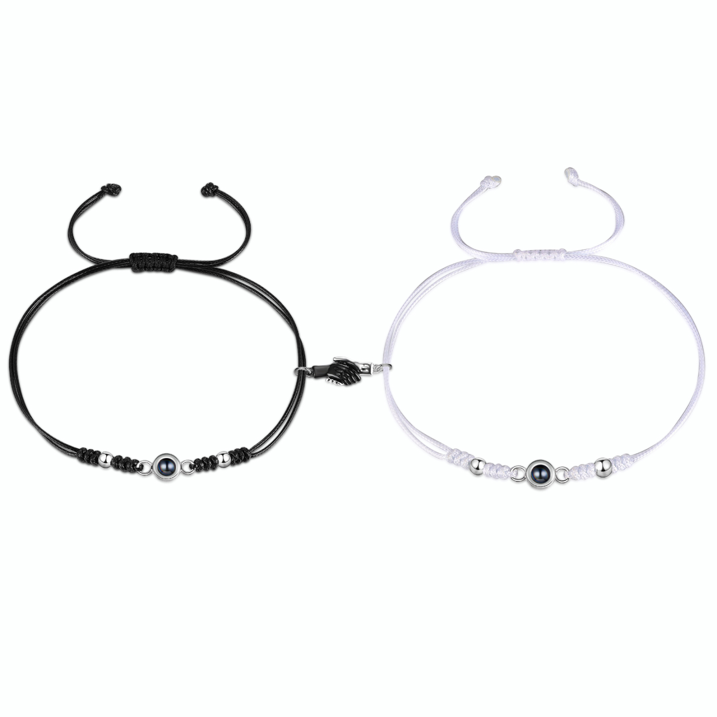 Personalisierte 2 Fotos Projektion Herz/Hand-in-Hand Magnetische Armband – Schwarz/Weißes Band & Silberperlen Armbände für Paar