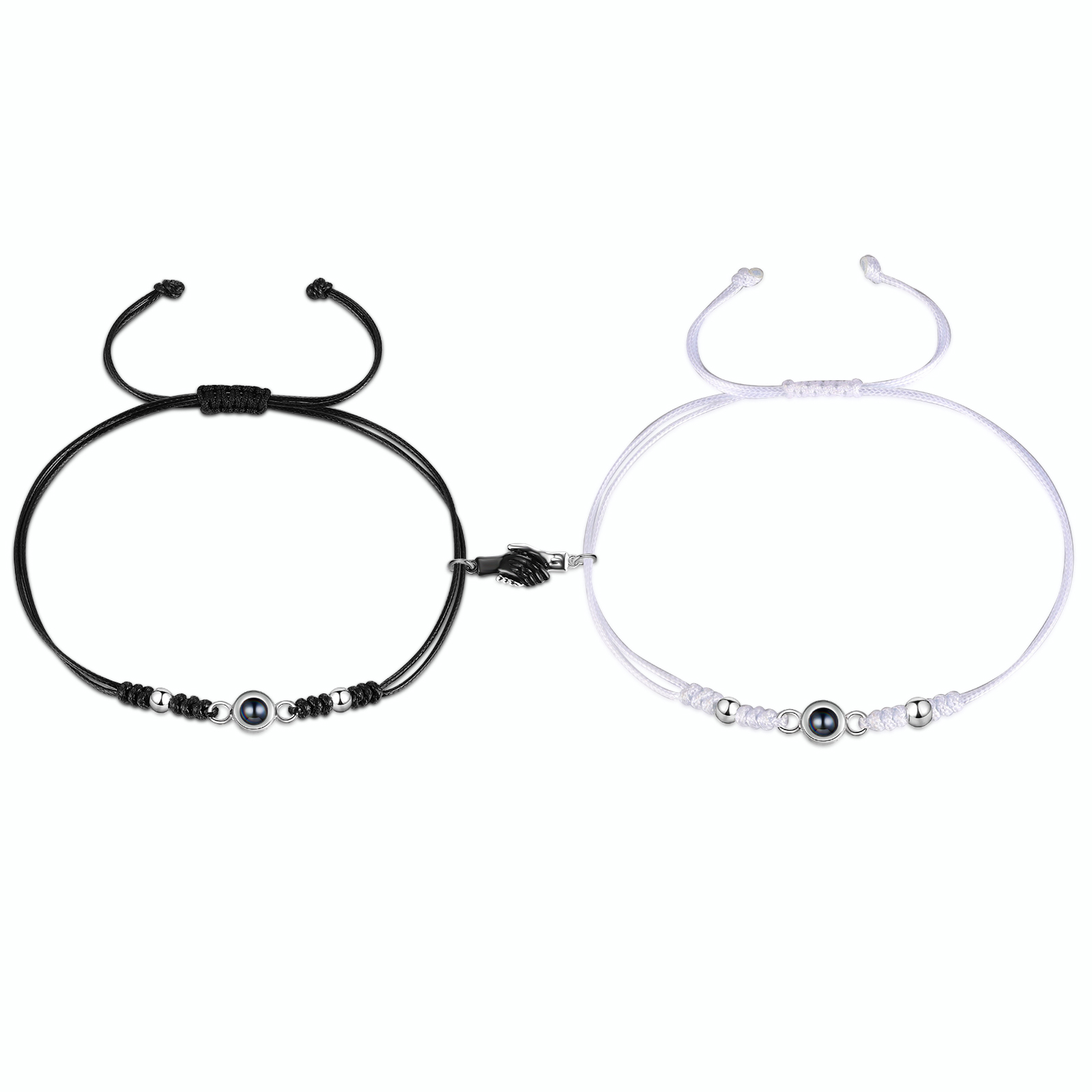 Personalisierte 2 Fotos Projektion Herz/Hand-in-Hand Magnetische Armband – Schwarz/Weißes Band & Silberperlen Armbände für Paar