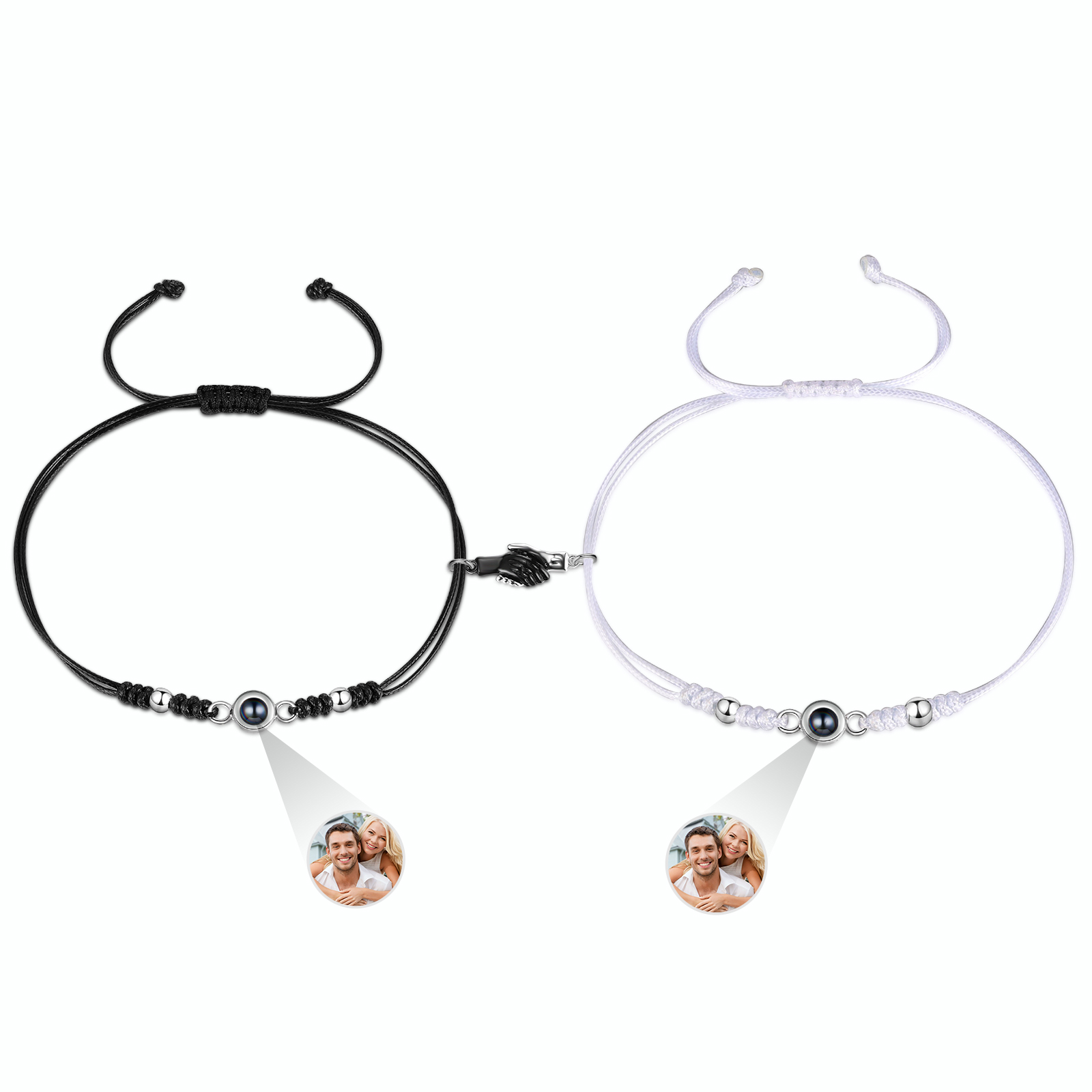 Personalisierte 2 Fotos Projektion Herz/Hand-in-Hand Magnetische Armband – Schwarz/Weißes Band & Silberperlen Armbände für Paar