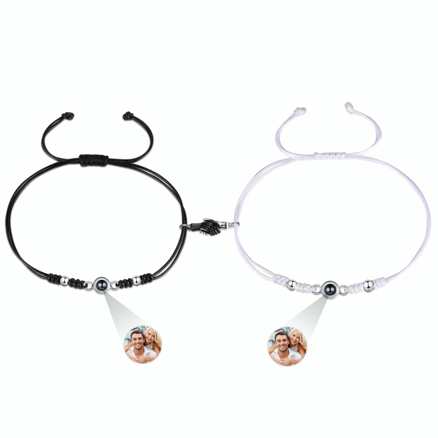 Personalisierte 2 Fotos Projektion Herz/Hand-in-Hand Magnetische Armband – Schwarz/Weißes Band & Silberperlen Armbände für Paar