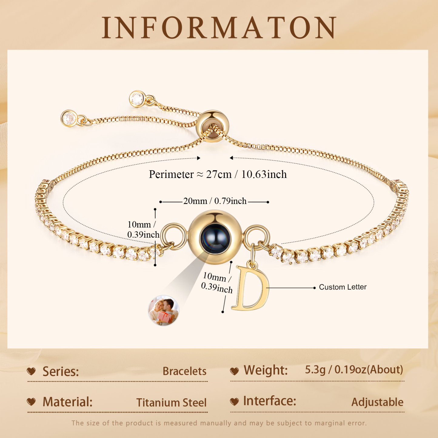 Personalisierbarer Foto-Projektion & Buchstabe Goldene Titanstahl-Armband