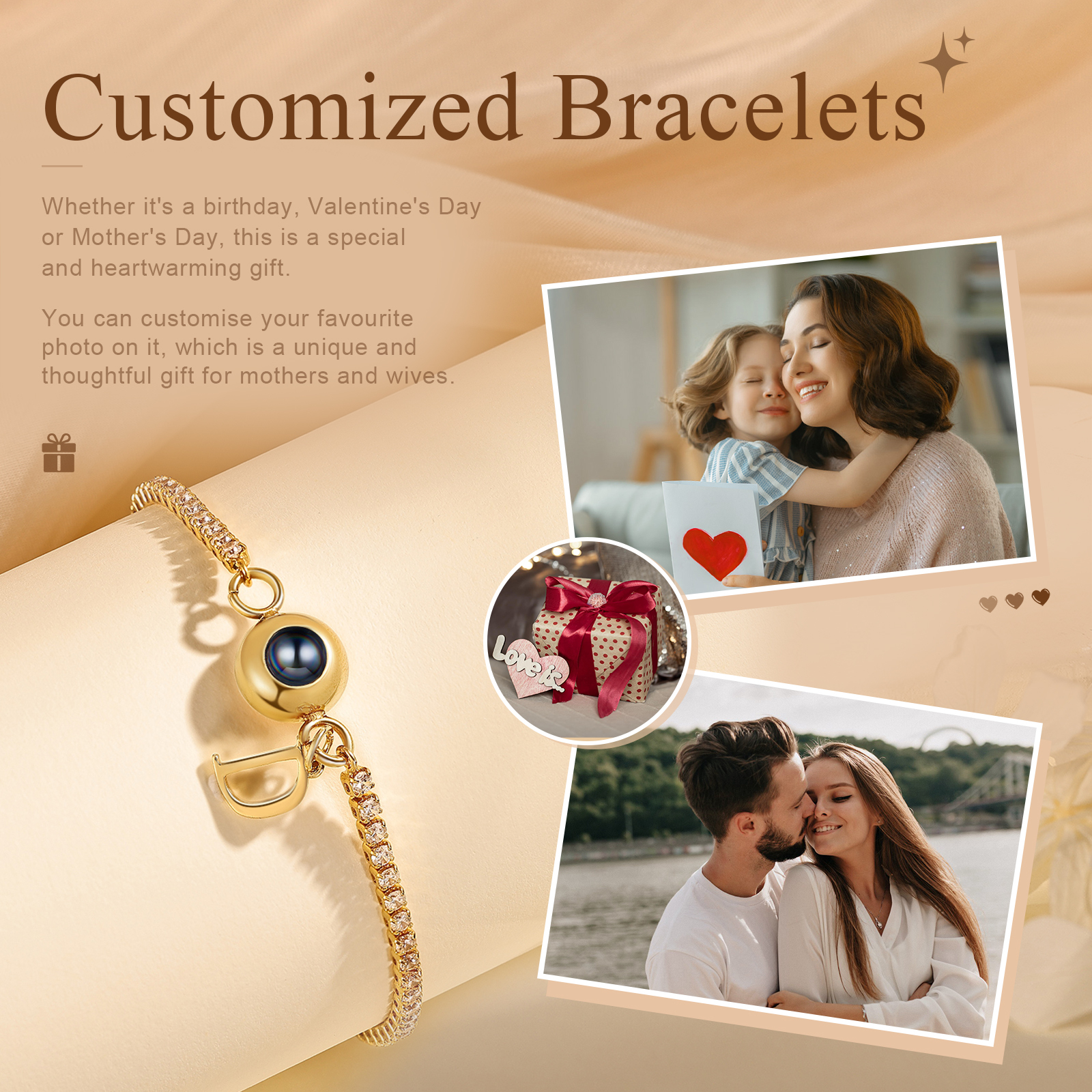 Personalisierbarer Foto-Projektion & Buchstabe Goldene Titanstahl-Armband 