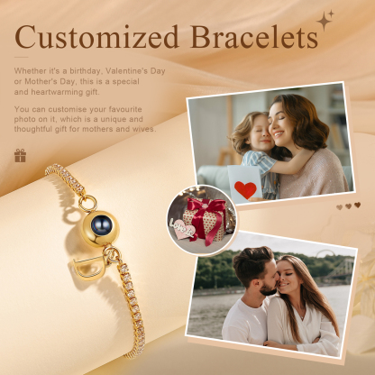 Personalisierbarer Foto-Projektion & Buchstabe Goldene Titanstahl-Armband 