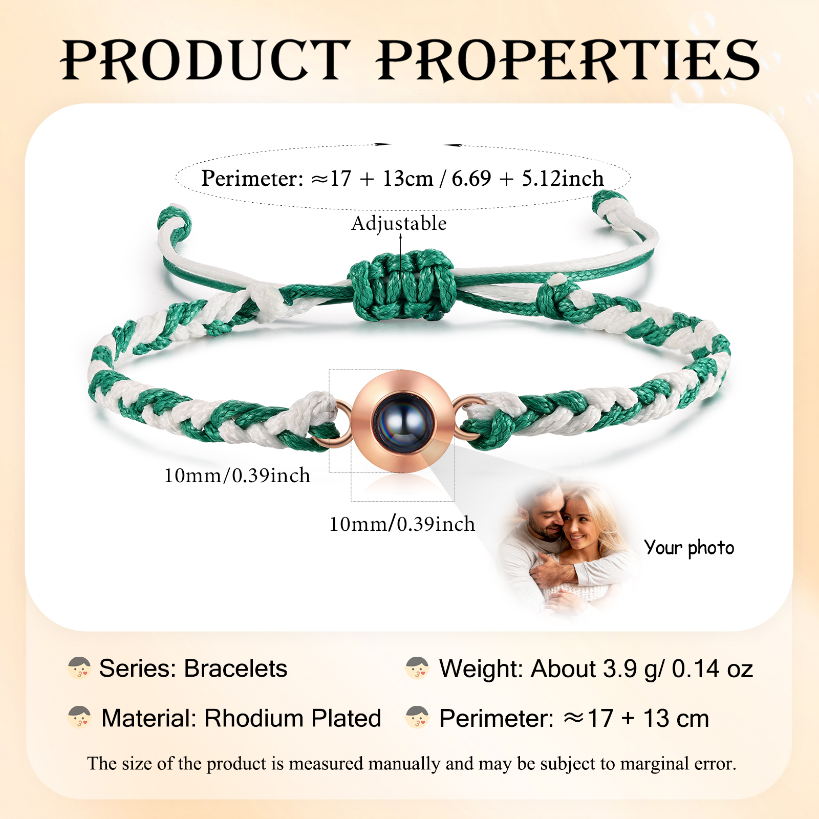 Personalisiertes 1 Foto Projektion Armband mit geflochtenem Band in Zwei Farben