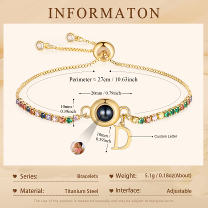 Personalisierbarer Foto-Projektion & Buchstabe Goldene Titanstahl-Armband mit farbenfrohen Strasssteinen