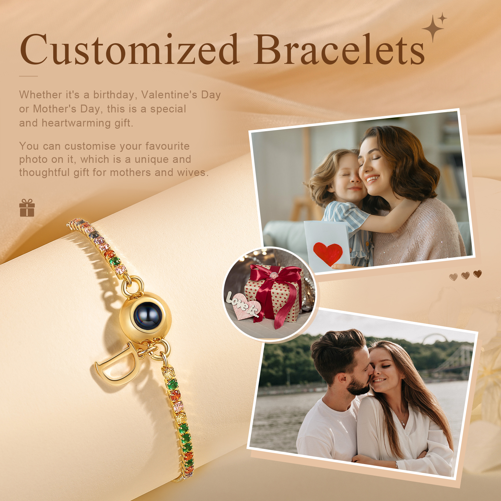 Personalisierbarer Foto-Projektion & Buchstabe Goldene Titanstahl-Armband mit farbenfrohen Strasssteinen