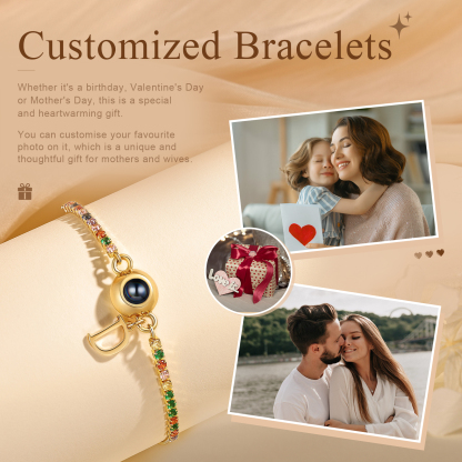 Personalisierbarer Foto-Projektion & Buchstabe Goldene Titanstahl-Armband mit farbenfrohen Strasssteinen