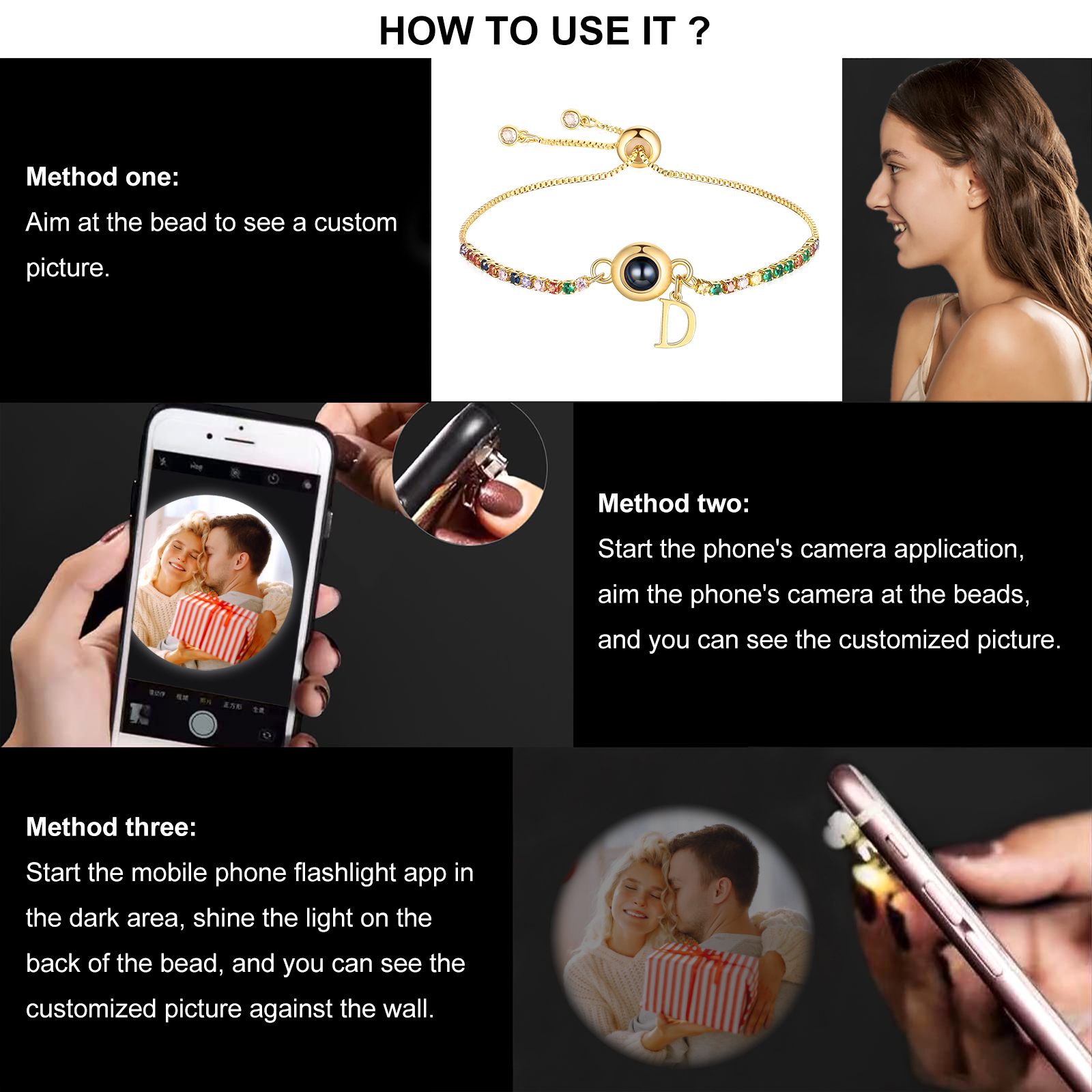 Personalisierbarer Foto-Projektion & Buchstabe Goldene Titanstahl-Armband mit farbenfrohen Strasssteinen