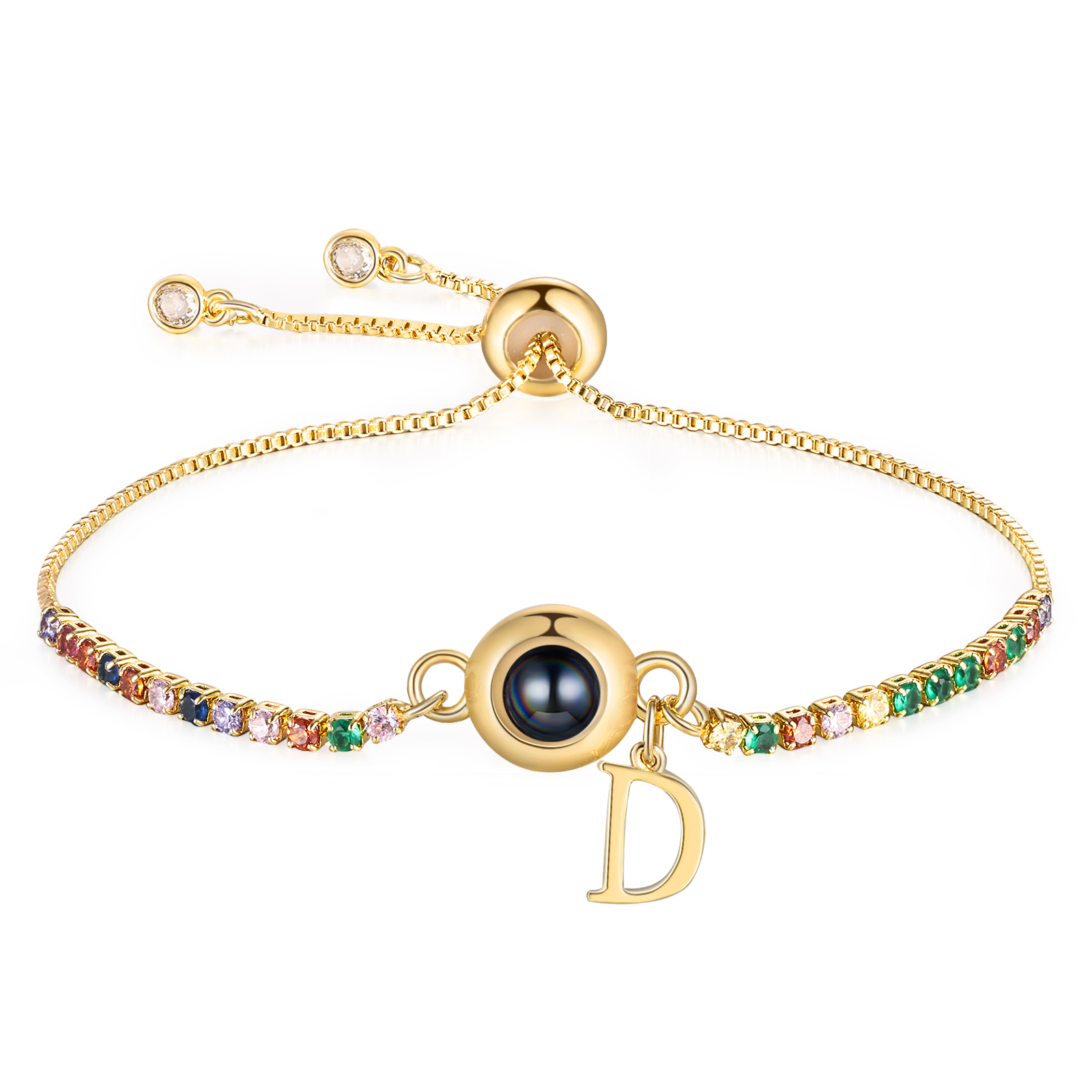 Personalisierbarer Foto-Projektion & Buchstabe Goldene Titanstahl-Armband mit farbenfrohen Strasssteinen