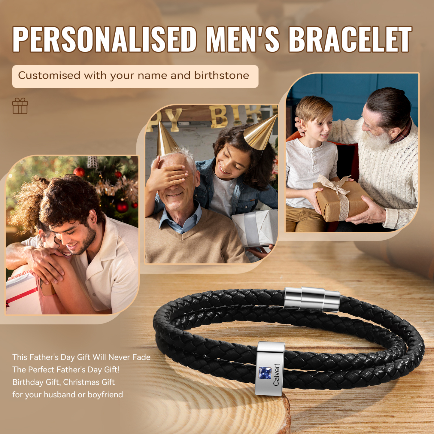 Herren Personalisierte 1/ 6 - 8 Namen & Geburtssteinen Schwarz Leder Geflochtenes Armband