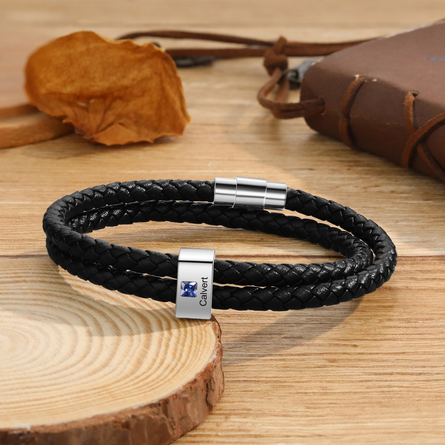 Herren Personalisierte 1/ 6 - 8 Namen & Geburtssteinen Schwarz Leder Geflochtenes Armband