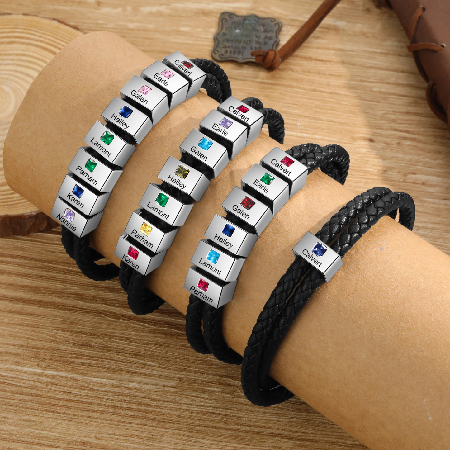 Herren Personalisierte 1/ 6 - 8 Namen & Geburtssteinen Schwarz Leder Geflochtenes Armband