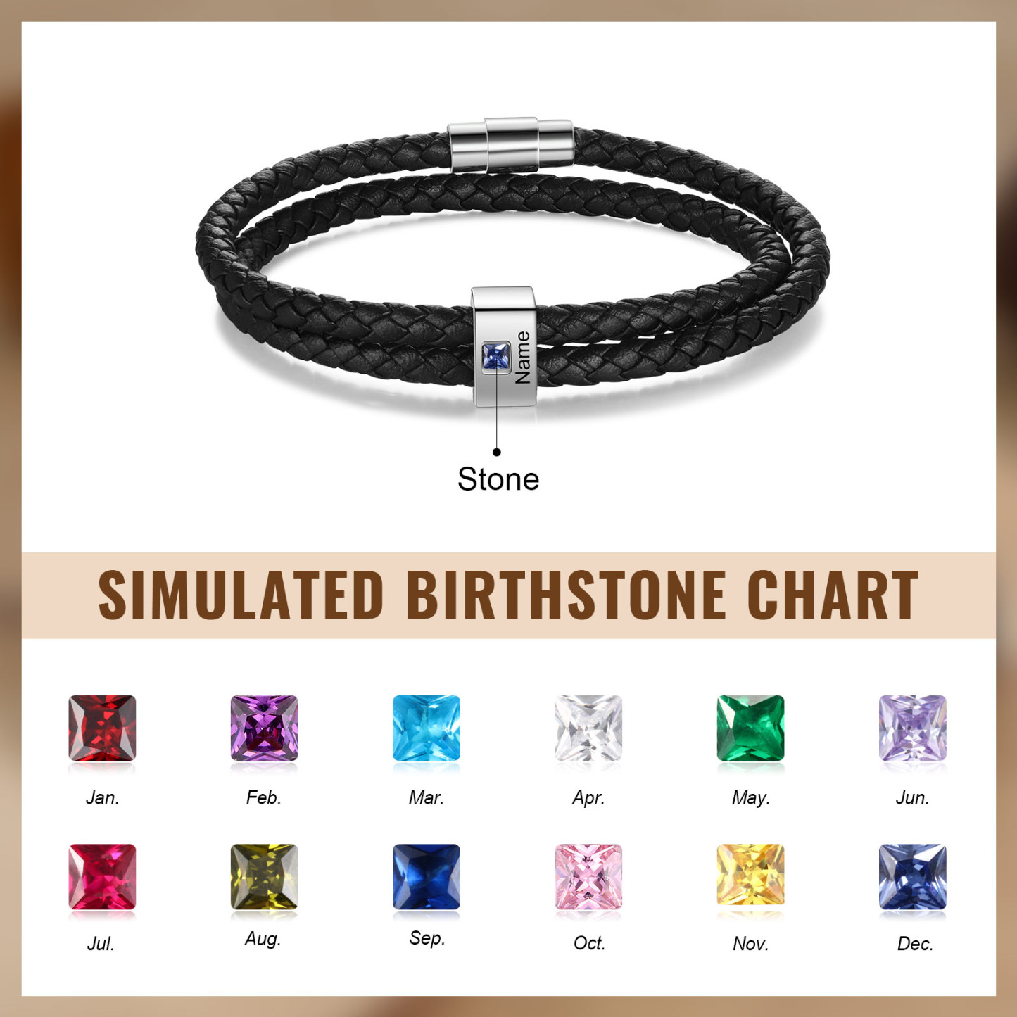 Herren Personalisierte 1/ 6 - 8 Namen & Geburtssteinen Schwarz Leder Geflochtenes Armband
