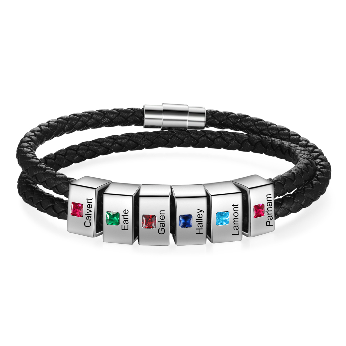 Herren Personalisierte 1/ 6 - 8 Namen & Geburtssteinen Schwarz Leder Geflochtenes Armband