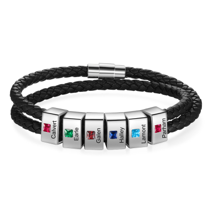 Herren Personalisierte 1/ 6 - 8 Namen & Geburtssteinen Schwarz Leder Geflochtenes Armband