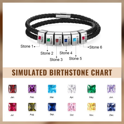 Herren Personalisierte 1/ 6 - 8 Namen & Geburtssteinen Schwarz Leder Geflochtenes Armband