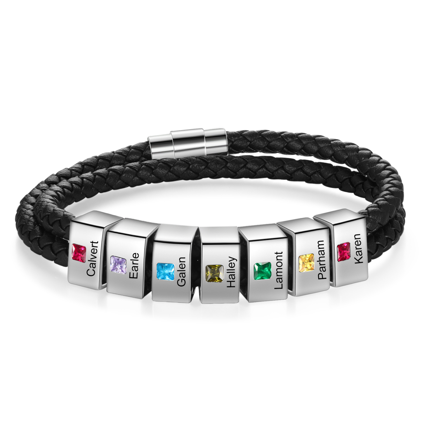Herren Personalisierte 1/ 6 - 8 Namen & Geburtssteinen Schwarz Leder Geflochtenes Armband
