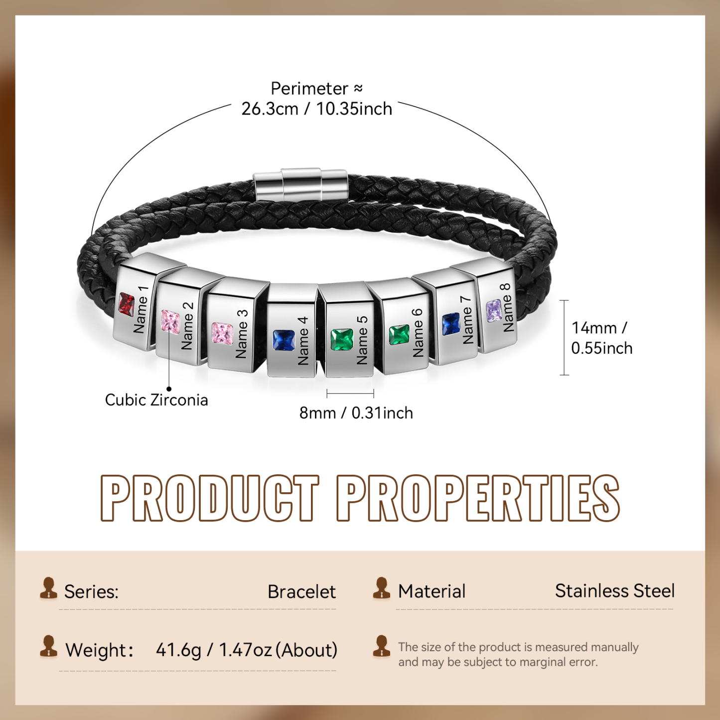 Herren Personalisierte 1/ 6 - 8 Namen & Geburtssteinen Schwarz Leder Geflochtenes Armband