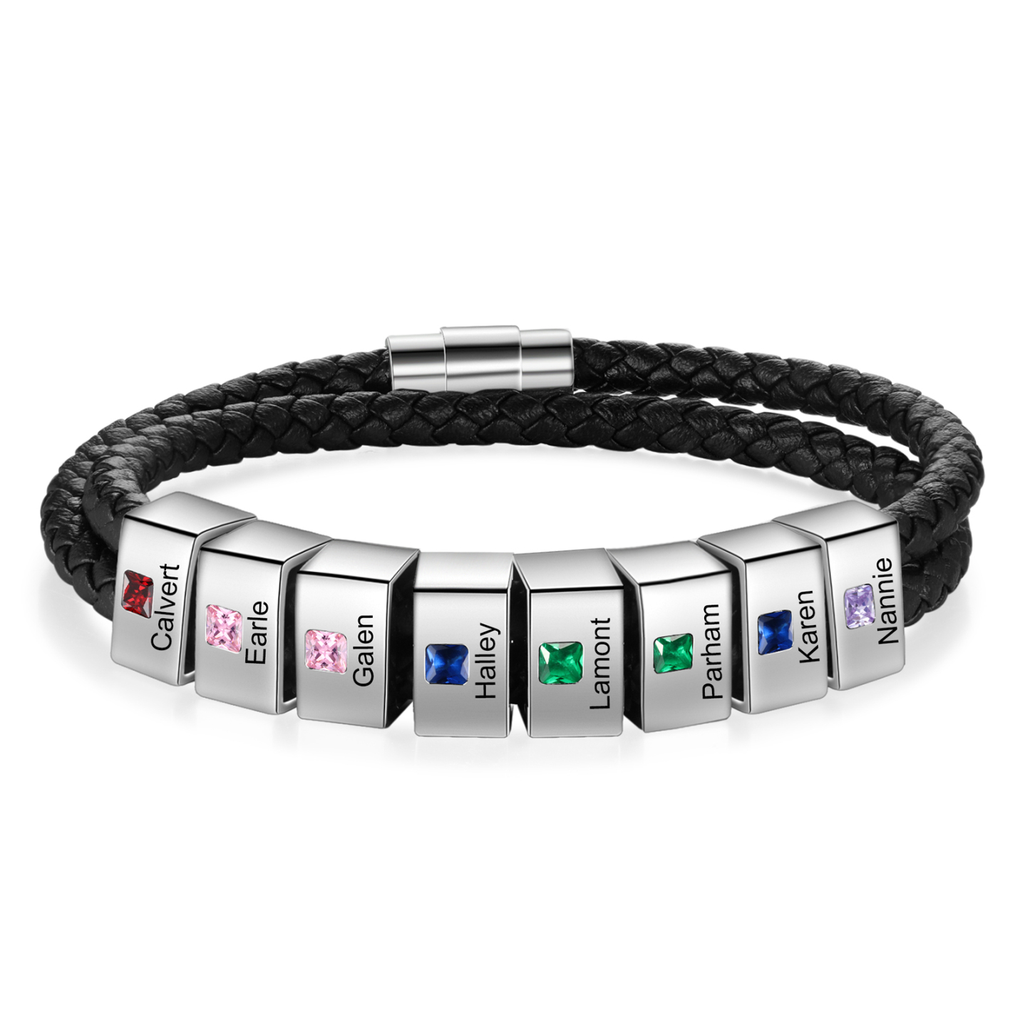 Herren Personalisierte 1/ 6 - 8 Namen & Geburtssteinen Schwarz Leder Geflochtenes Armband