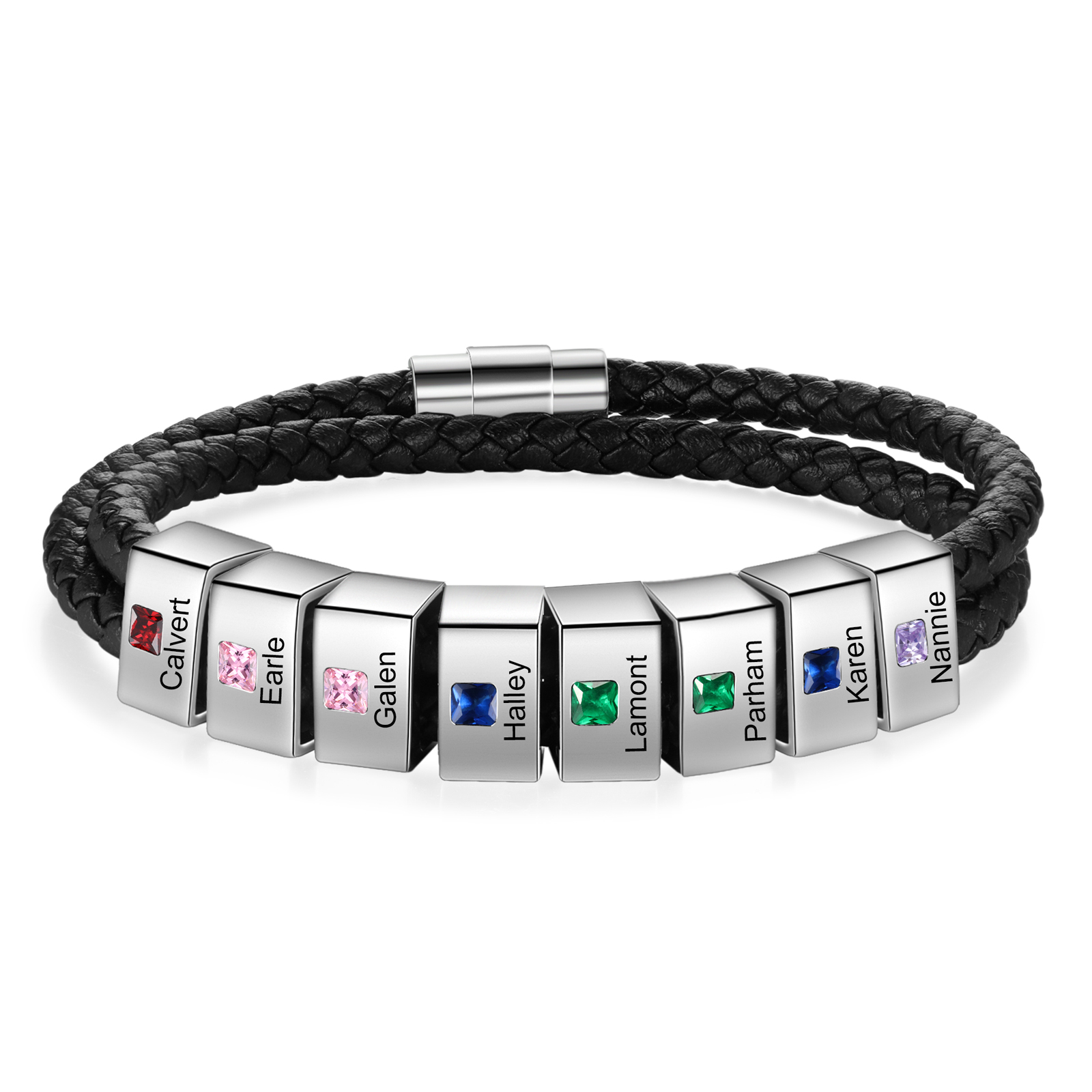 Herren Personalisierte 1/ 6 - 8 Namen & Geburtssteinen Schwarz Leder Geflochtenes Armband