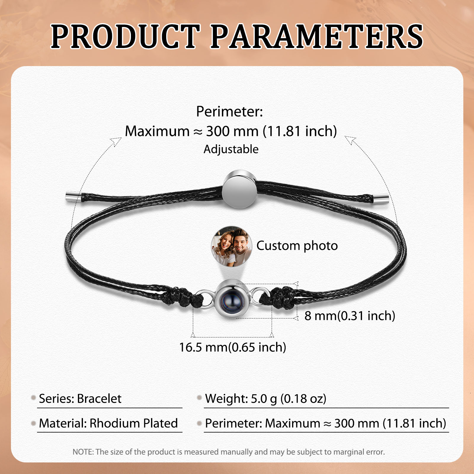 Personalisiertes Foto Projektion Armband mit Schwarz/Weiß/Braunem Wachsschnur-Band