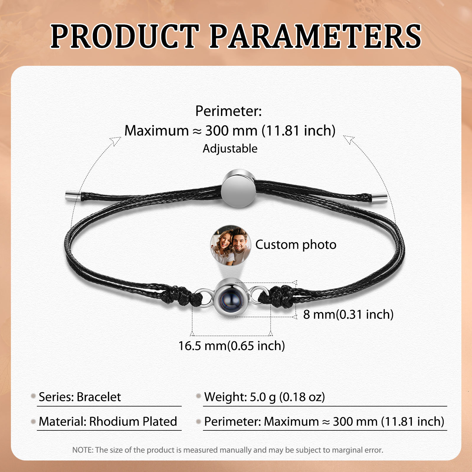 Personalisiertes Foto Projektion Armband mit Schwarz/Weiß/Braunem Wachsschnur-Band