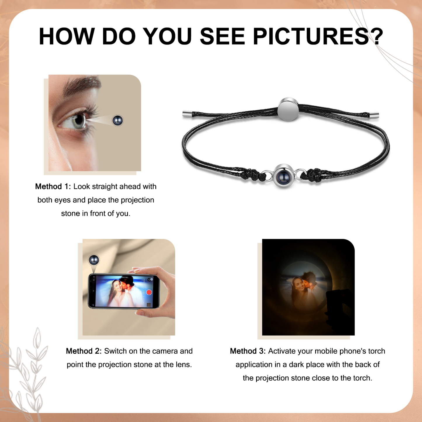 Personalisiertes Foto Projektion Armband mit Schwarz/Weiß/Braunem Wachsschnur-Band