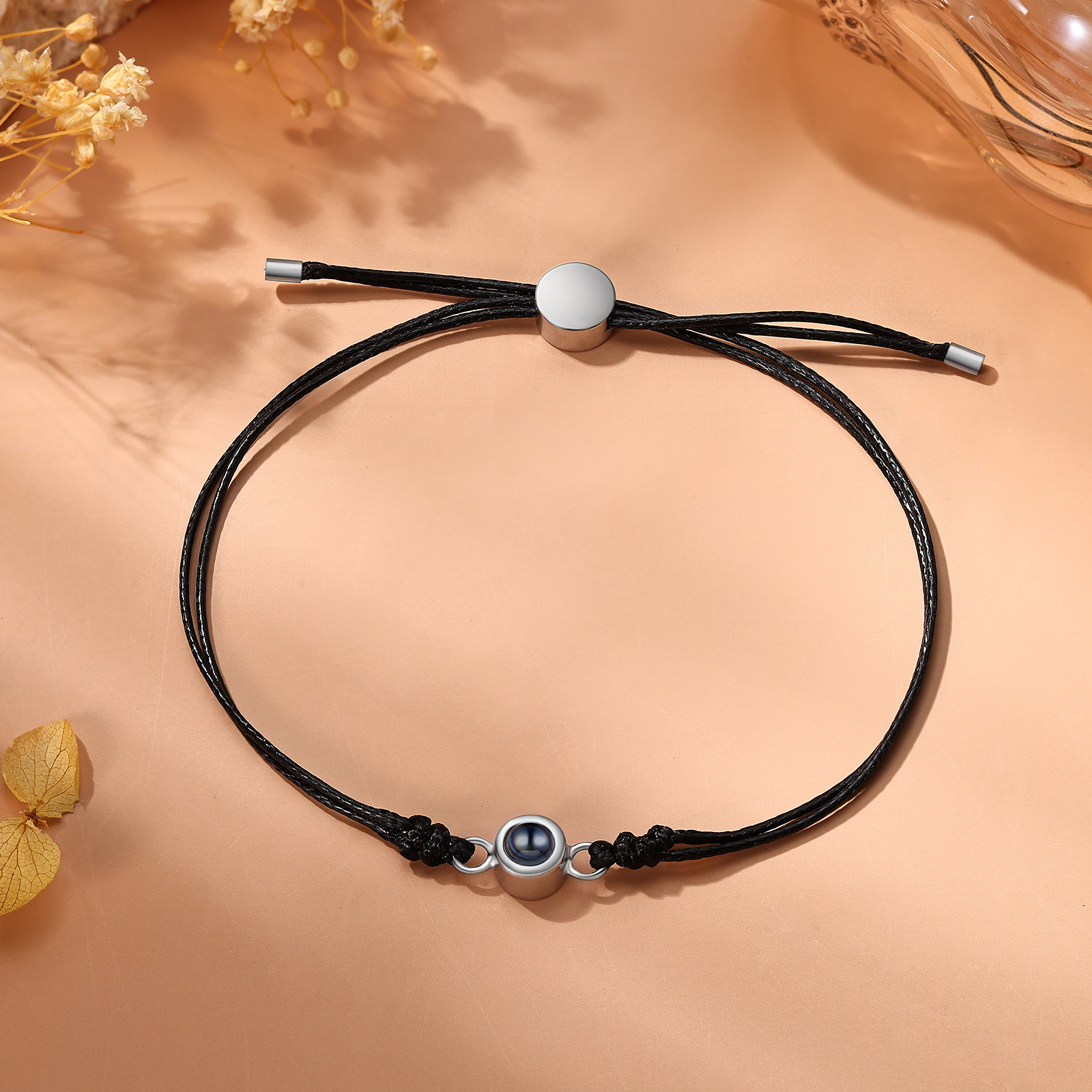 Personalisiertes Foto Projektion Armband mit Schwarz/Weiß/Braunem Wachsschnur-Band