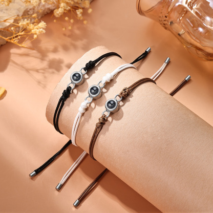 Personalisiertes Foto Projektion Armband mit Schwarz/Weiß/Braunem Wachsschnur-Band