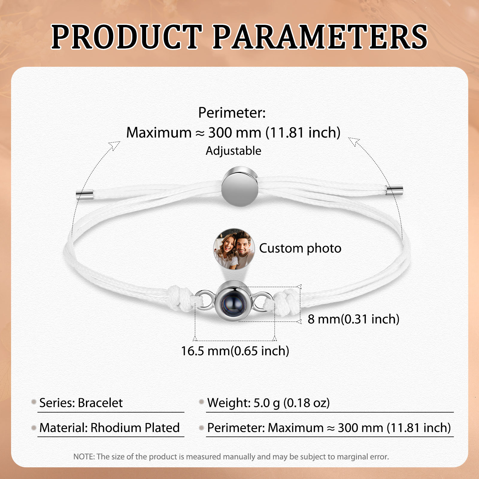 Personalisiertes Foto Projektion Armband mit Schwarz/Weiß/Braunem Wachsschnur-Band