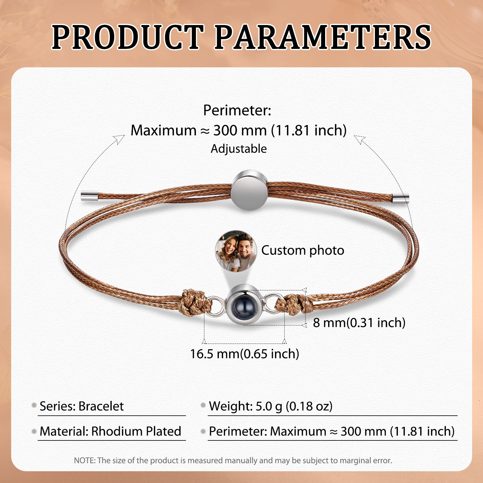 Personalisiertes Foto Projektion Armband mit Schwarz/Weiß/Braunem Wachsschnur-Band