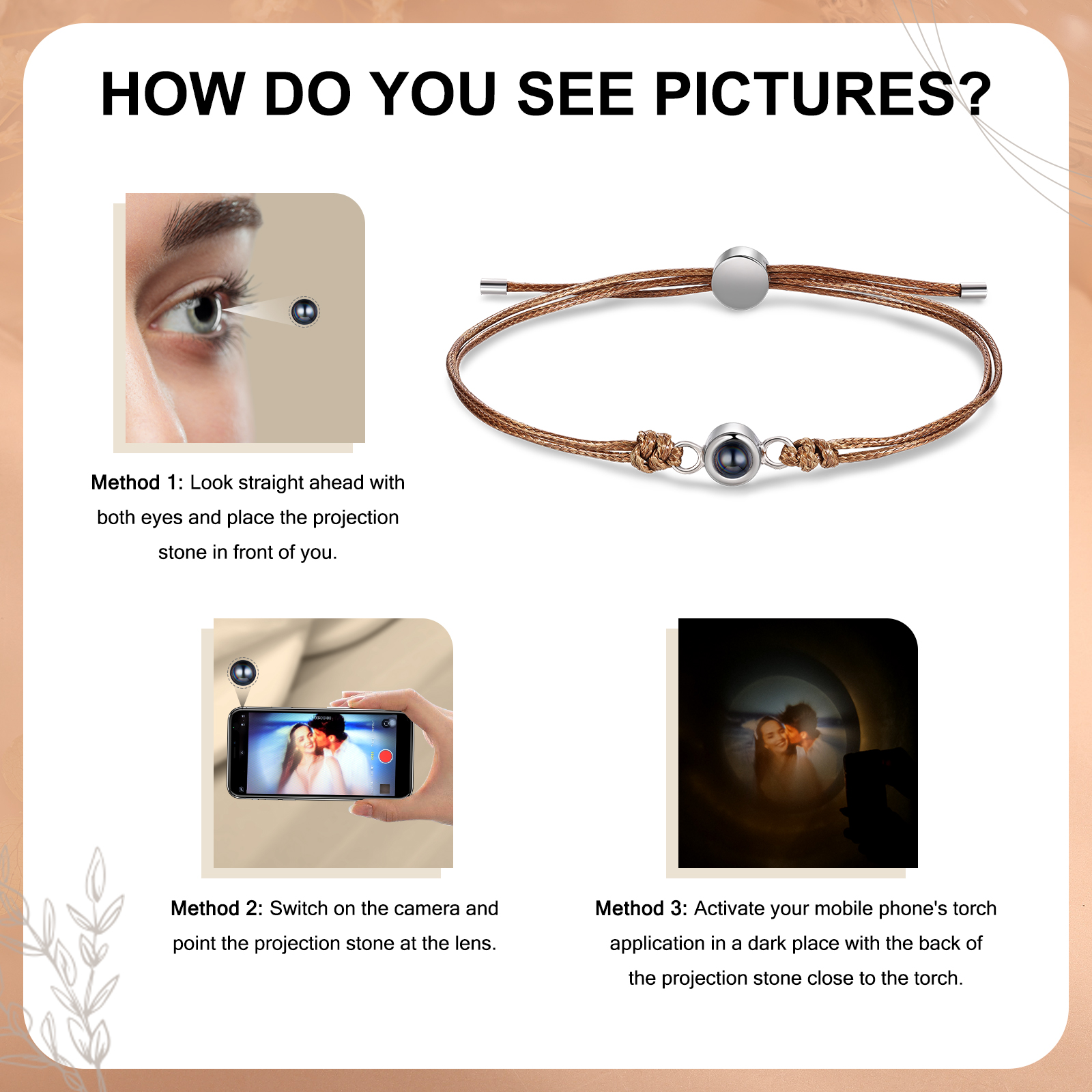 Personalisiertes Foto Projektion Armband mit Schwarz/Weiß/Braunem Wachsschnur-Band