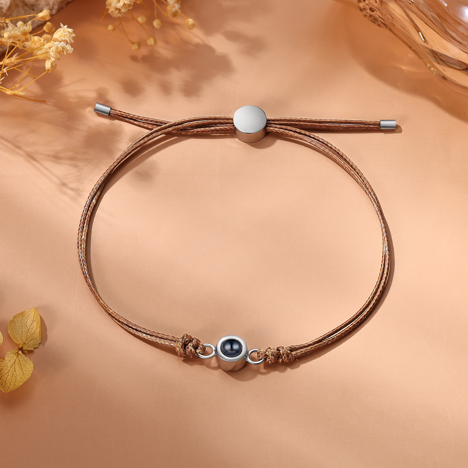 Personalisiertes Foto Projektion Armband mit Schwarz/Weiß/Braunem Wachsschnur-Band