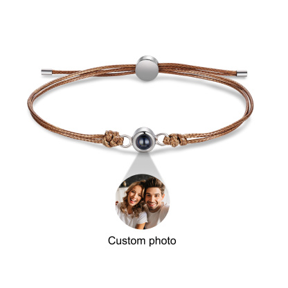 Personalisiertes Foto Projektion Armband mit Schwarz/Weiß/Braunem Wachsschnur-Band