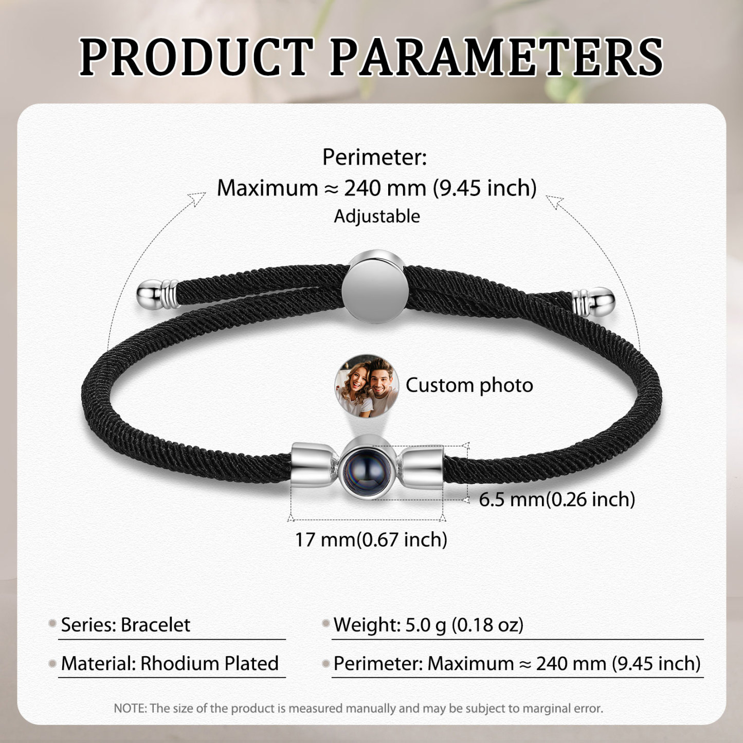 Personalisiertes Foto Projektion Armband mit Schwarz/ Weiß/ Grau geflochtenem Band