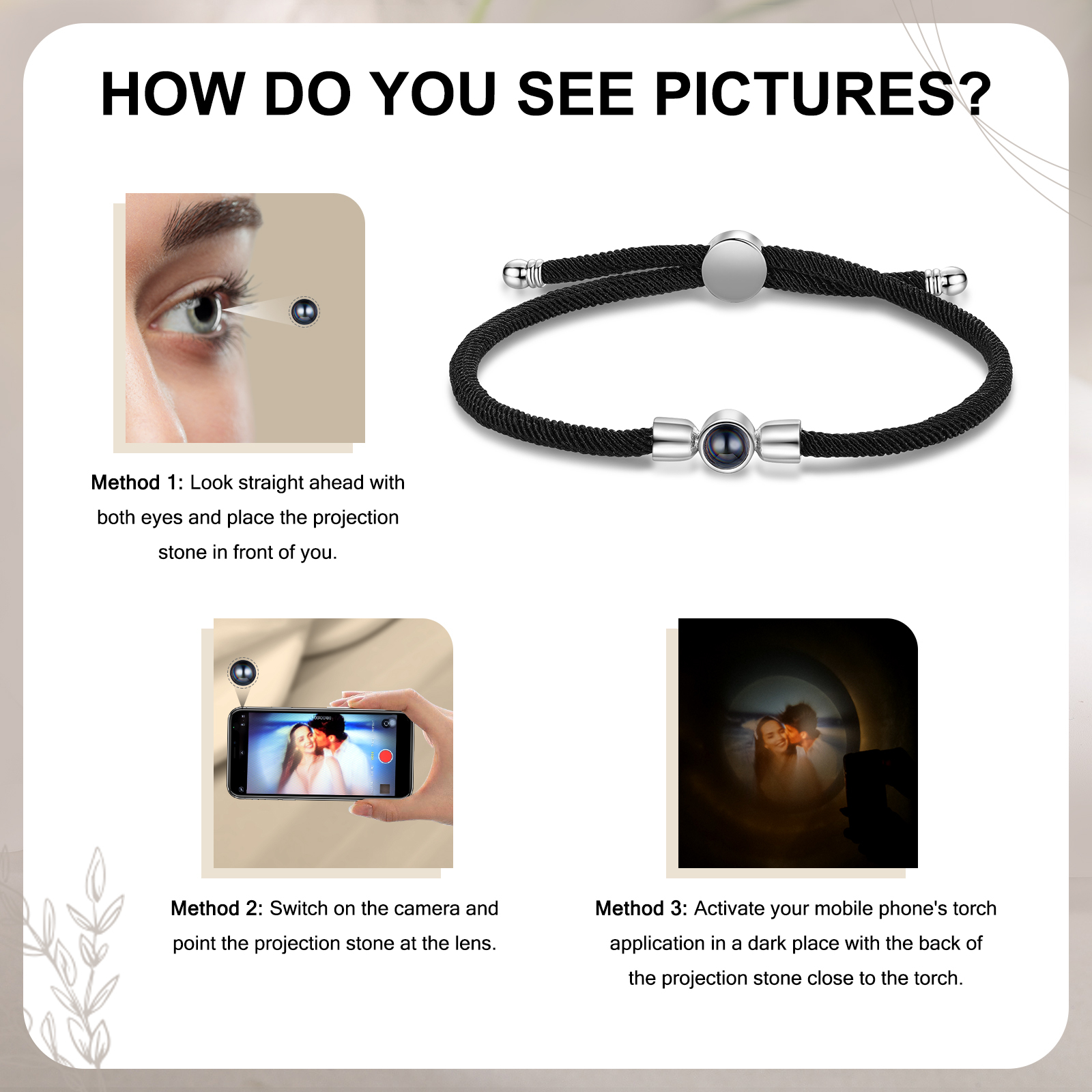Personalisiertes Foto Projektion Armband mit Schwarz/ Weiß/ Grau geflochtenem Band
