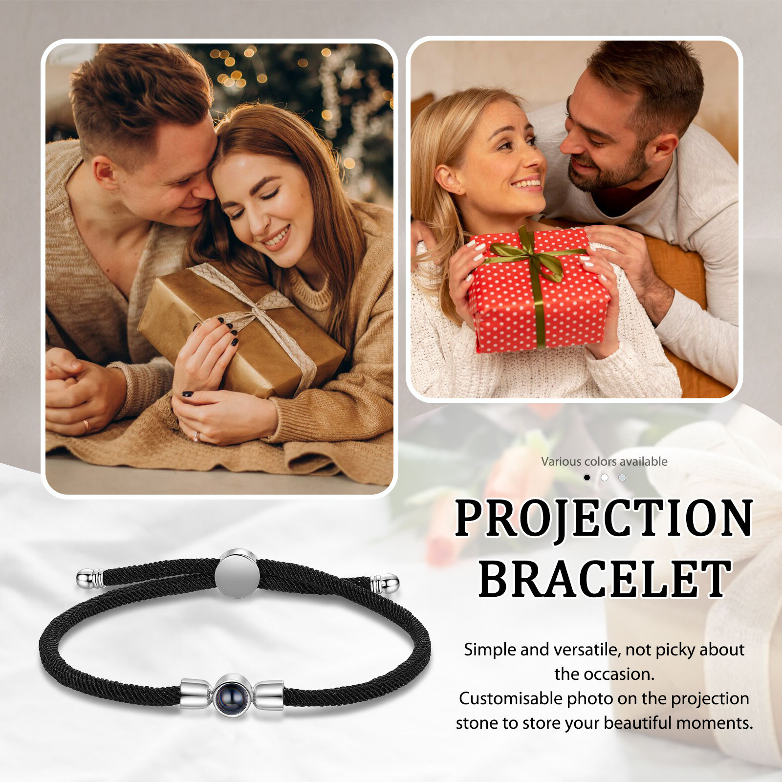 Personalisiertes Foto Projektion Armband mit Schwarz/ Weiß/ Grau geflochtenem Band