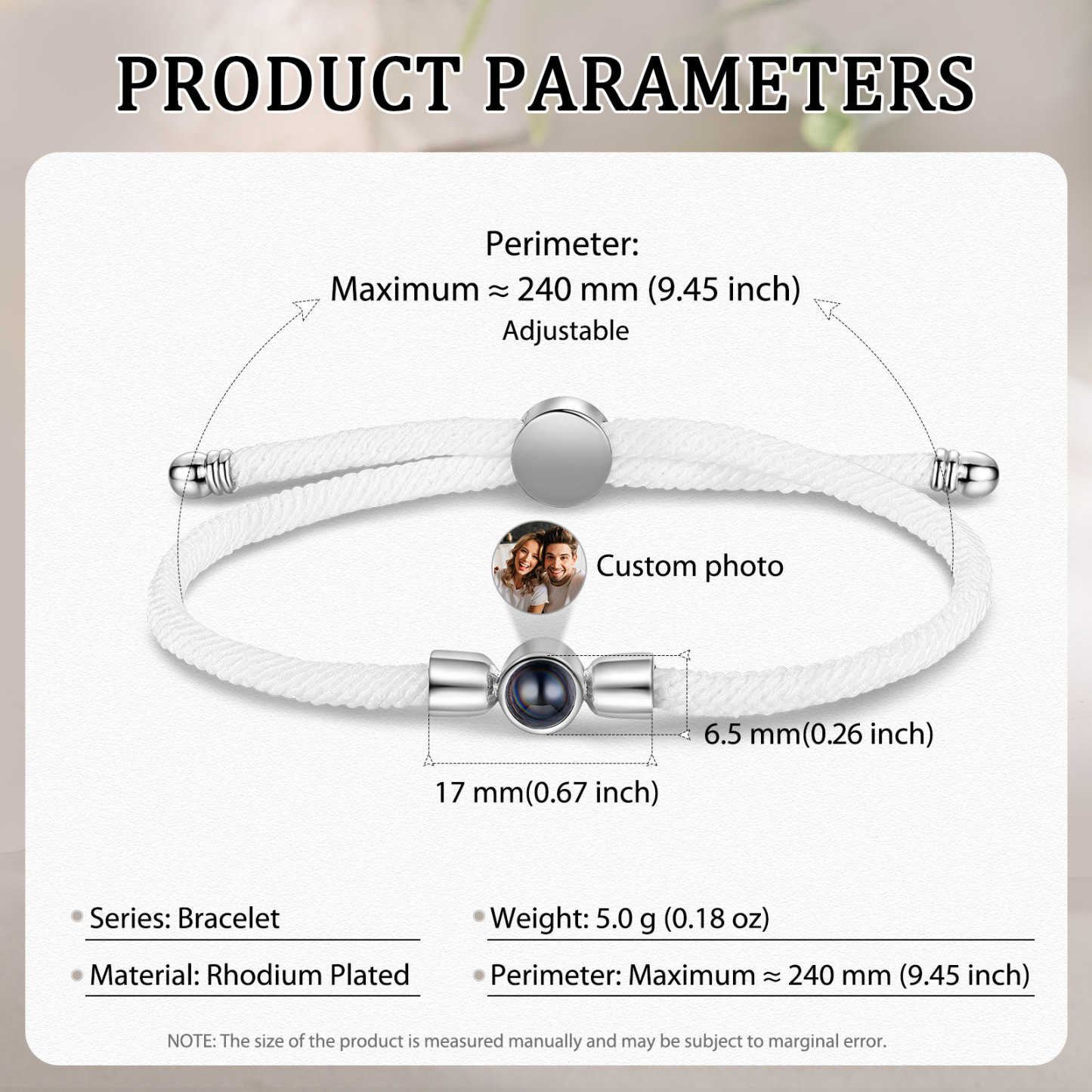 Personalisiertes Foto Projektion Armband mit Schwarz/ Weiß/ Grau geflochtenem Band
