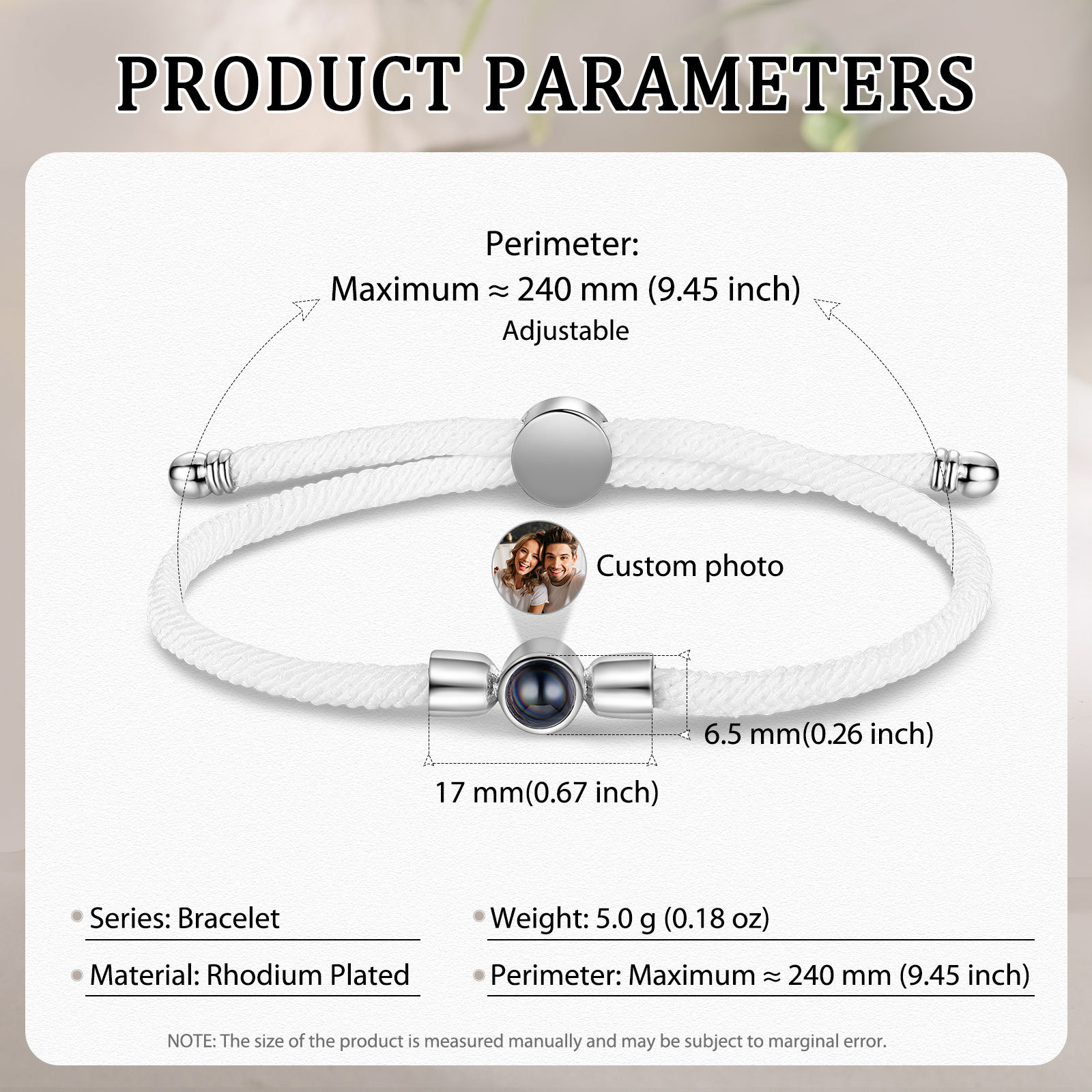 Personalisiertes Foto Projektion Armband mit Schwarz/ Weiß/ Grau geflochtenem Band